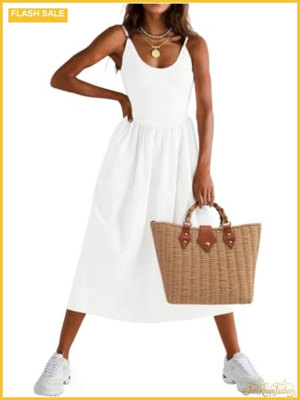 Women's Spaghetti Strap Backless Cami Dress with Pockets, A-Line Casual Summer